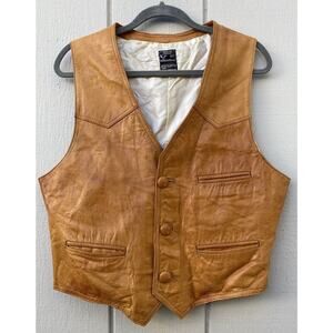 Genuine Leather Men's Vintage Button Vest‎ Made in Mexico Size 44 Tan/Brown